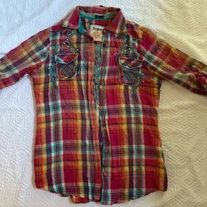 Roar plaid western contrast stitching and rhinestones vintage